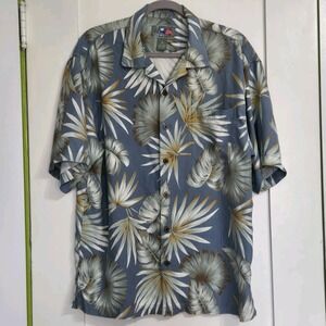 Hilo Hattie 100% Silk Hawaiian Shirt Mens Medium Lt Blue Palm Leaves Button Up
